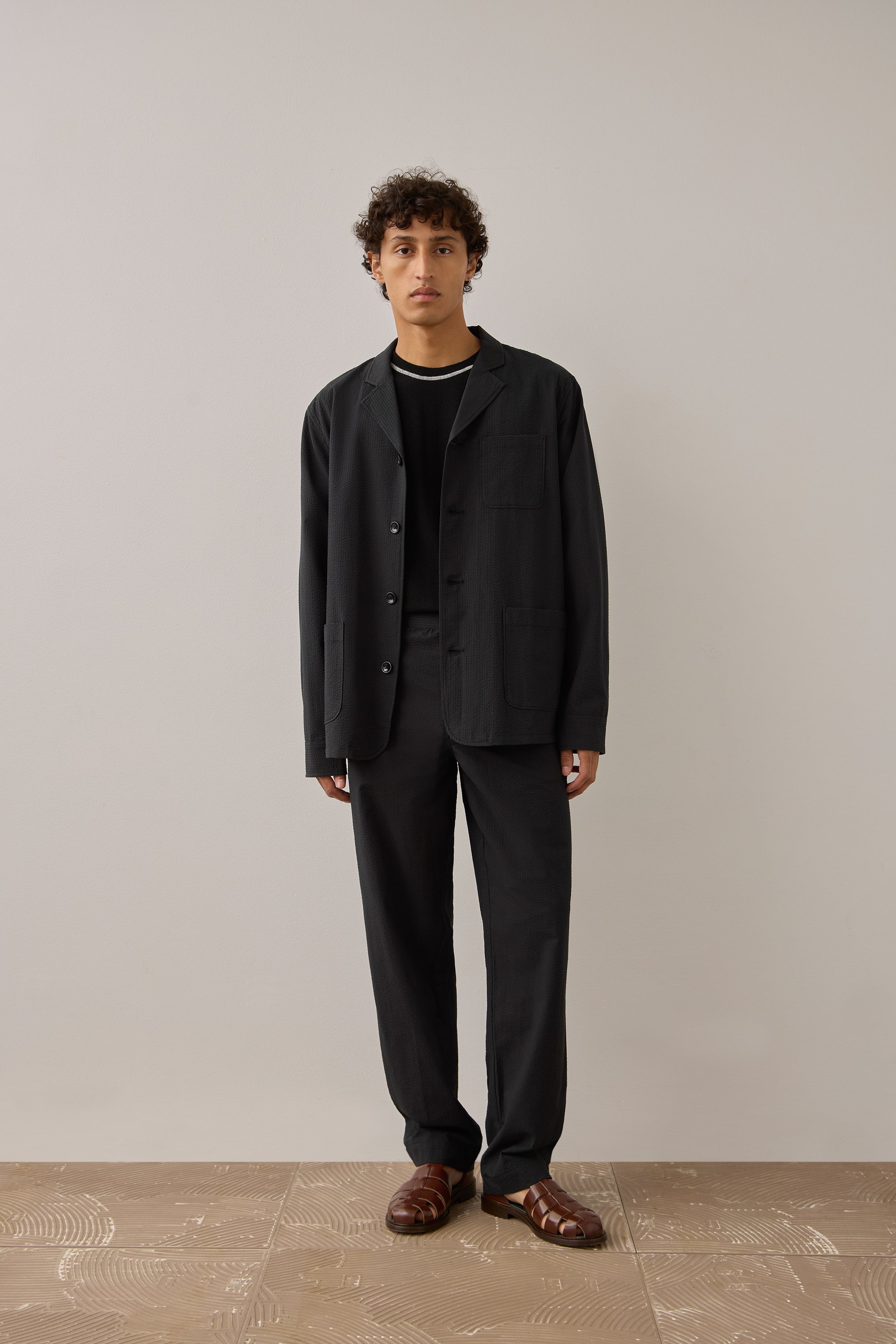 Deconstructed Suit Jacket in Black Seersucker