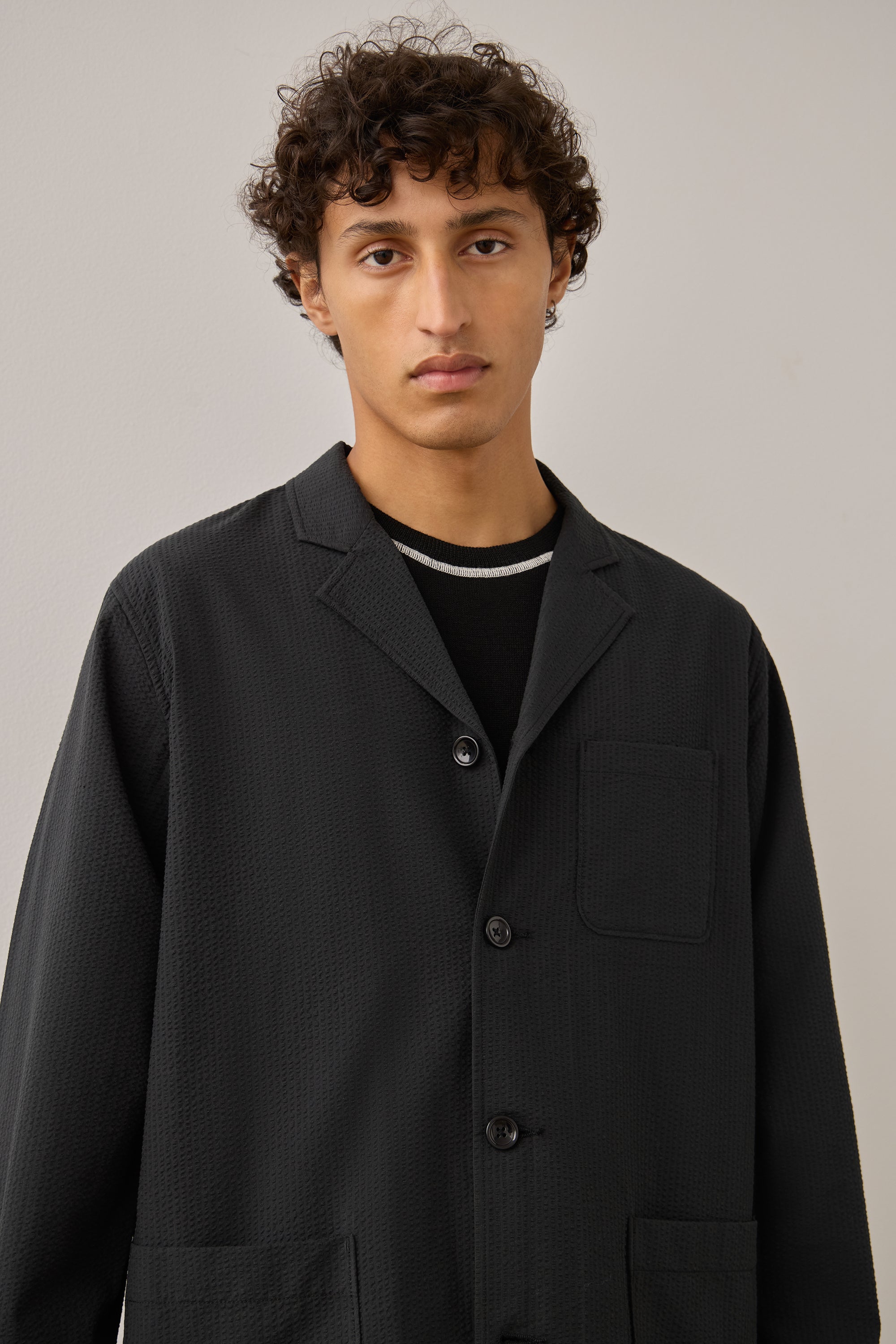 Deconstructed Suit Jacket in Black Seersucker